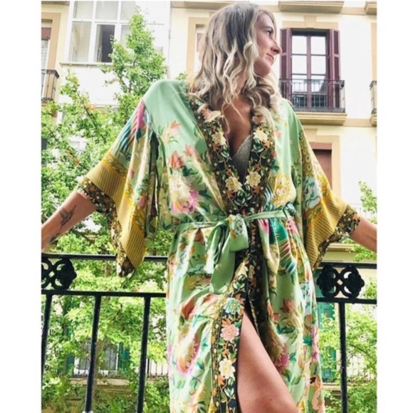 Boho Green floral print belt long boho kimono cardigan - Picture 6 of 8